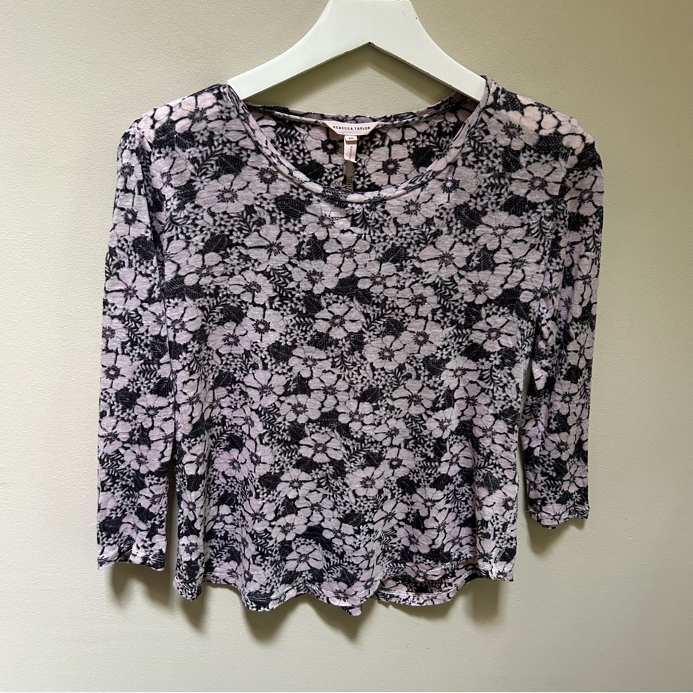 Rebecca Taylor ~ Blue + Blush Pink Floral Linen Victoria Lightweight Tee size XS